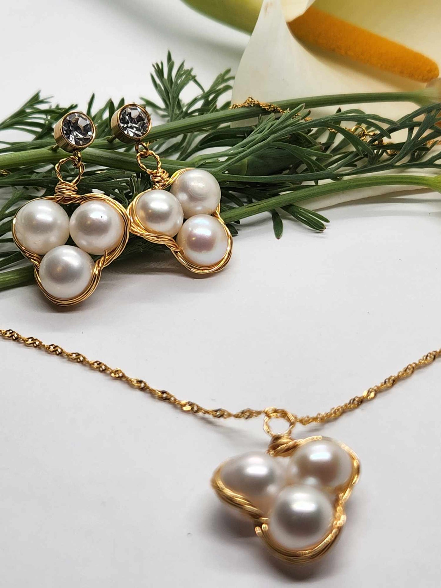 Set 02: Three-Pearl Elegance in Gold Earrings & Necklace