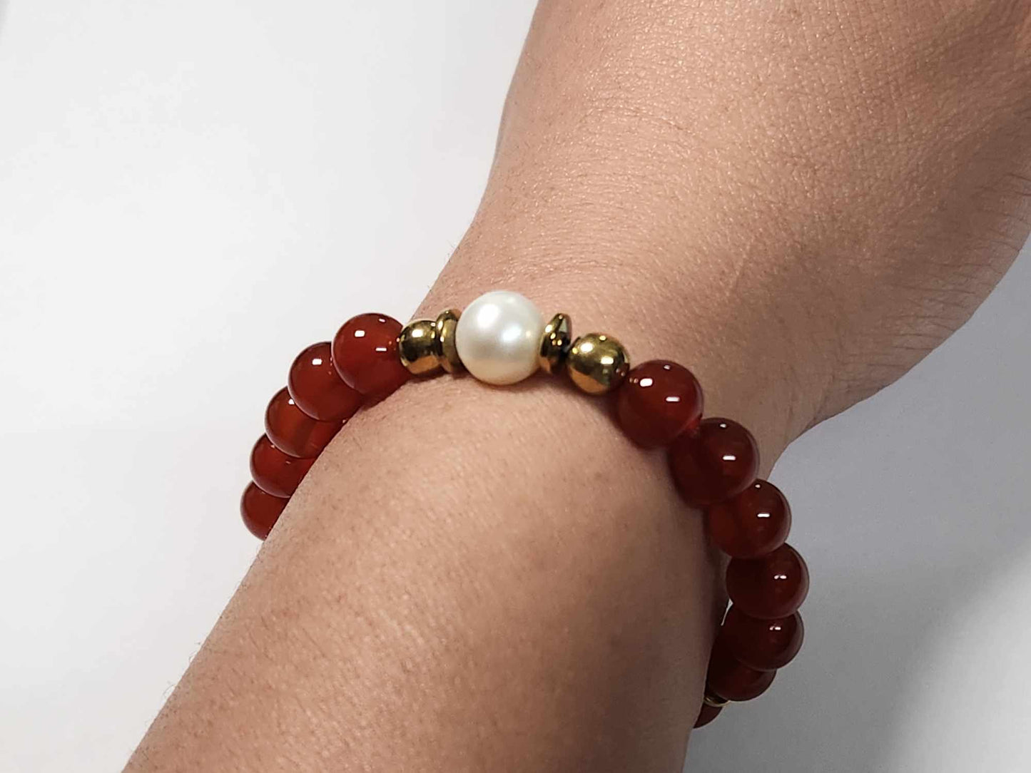 Vibrant Crimson Jade and Pearl Bracelet