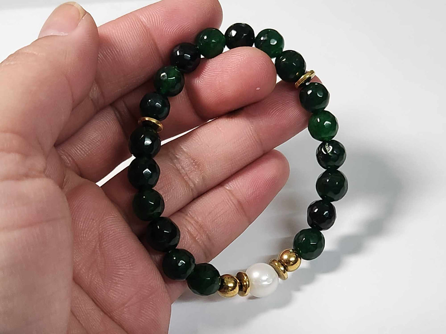 Enchanted Forest Green Jade and Pearl Bracelet