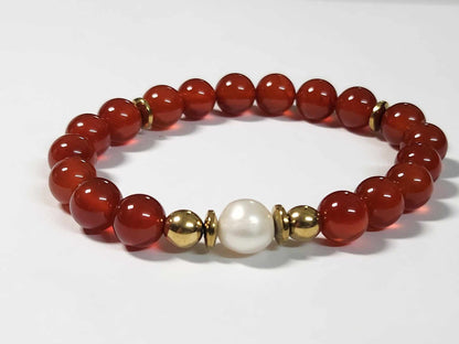 Vibrant Crimson Jade and Pearl Bracelet