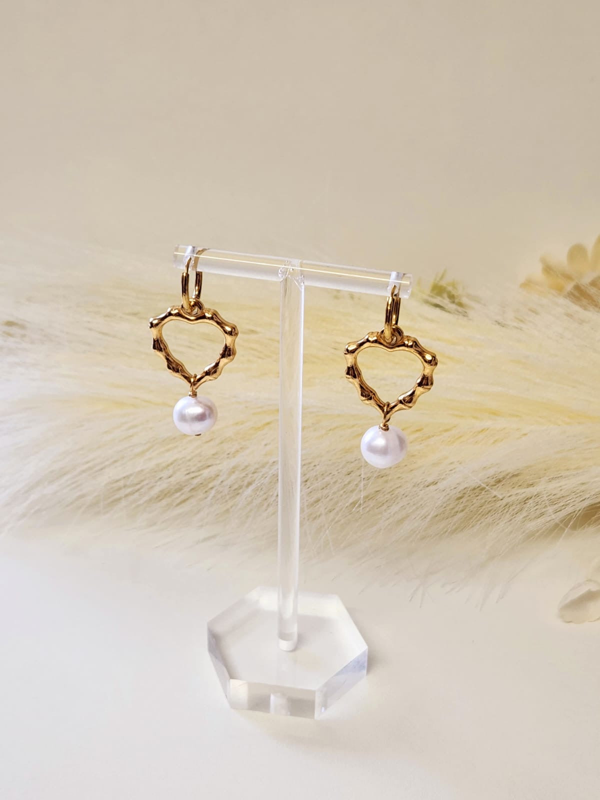 Lily Petal Drops [ Freshwater Pearl Heart Earings